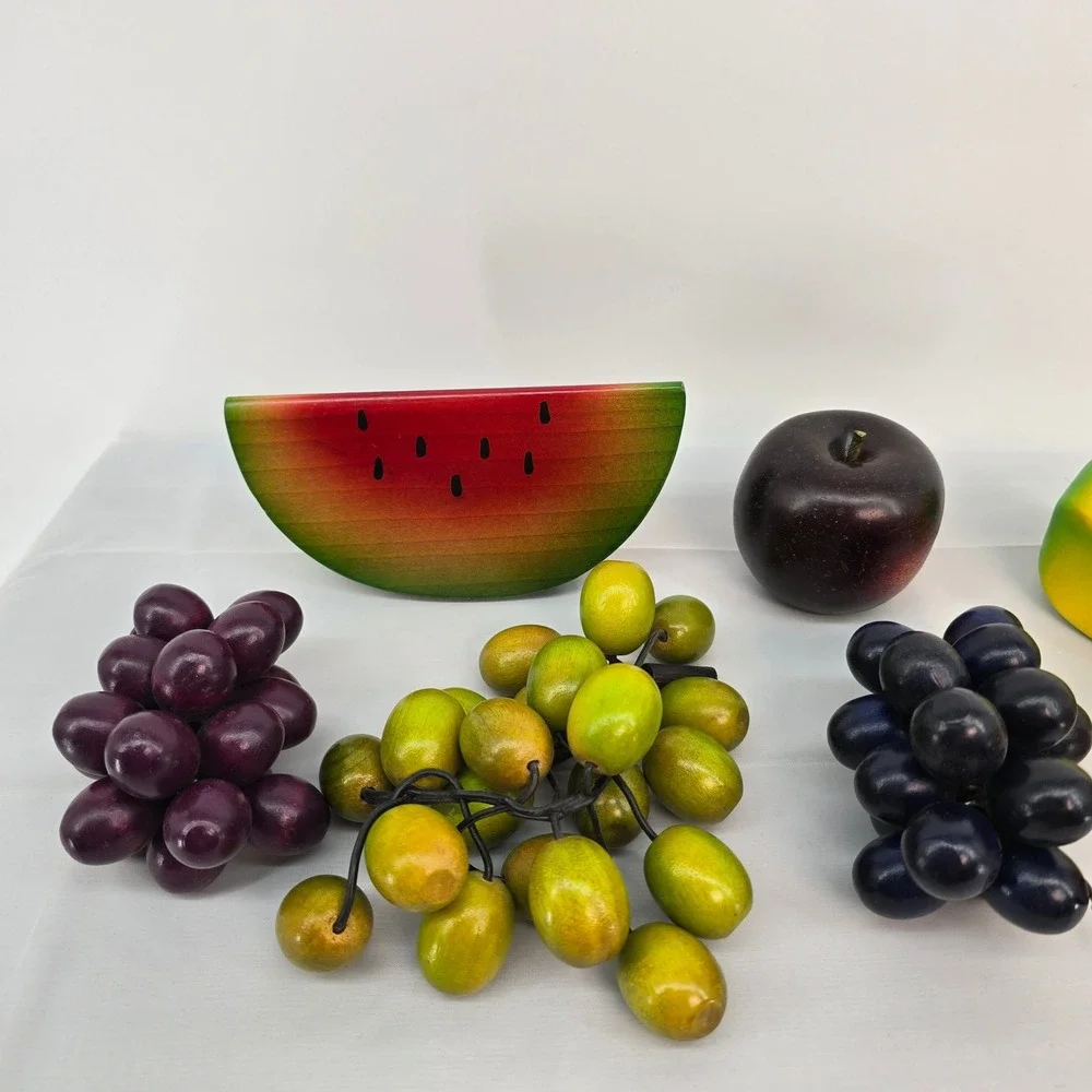 Vintage Hand Painted Wooden Fruit Set 8pc Watermelon Grapes Apple Pear Starfruit